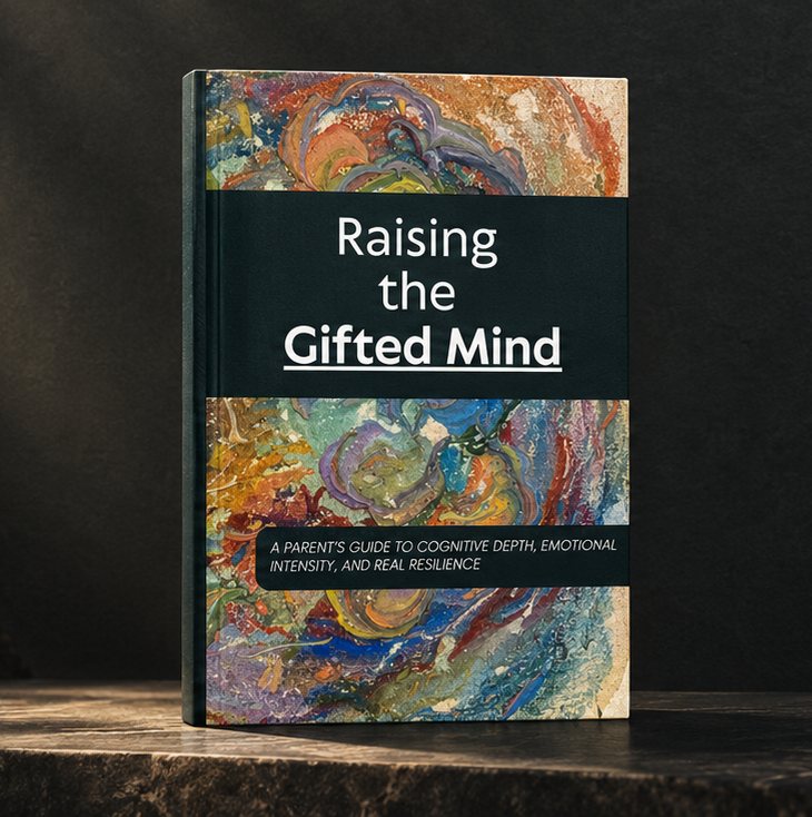 The book Raising the Gifted Mind standing on a dark stone shelf