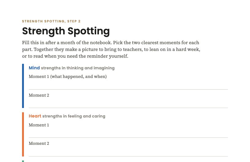 The top of the Strength Spotting worksheet, with spaces for moments of strength in Mind, Heart and Body