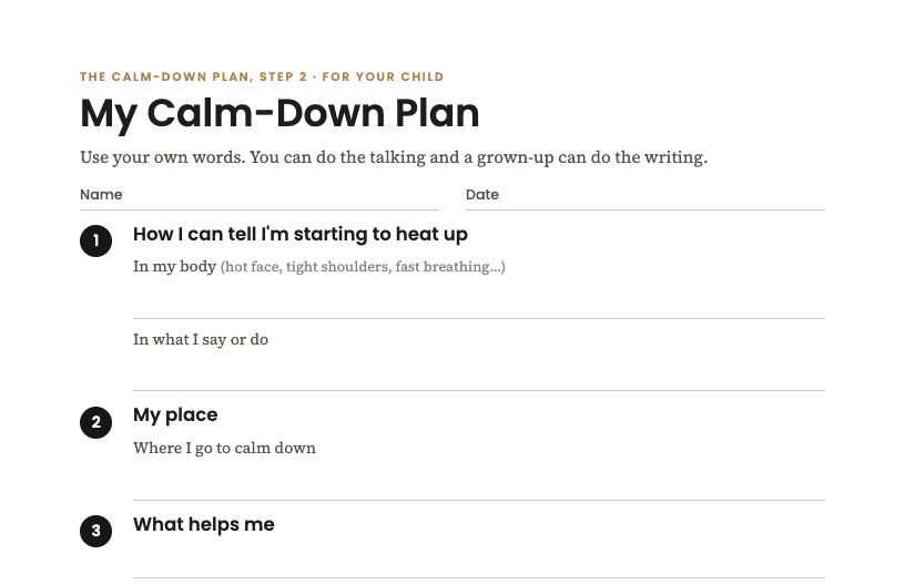 The top of the My Calm-Down Plan worksheet, with numbered steps for a child to fill in